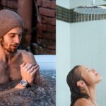Hombre en pileta de gua con hielo y mujer en la ducha