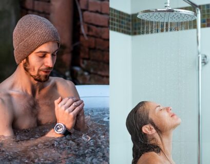 Hombre en pileta de gua con hielo y mujer en la ducha