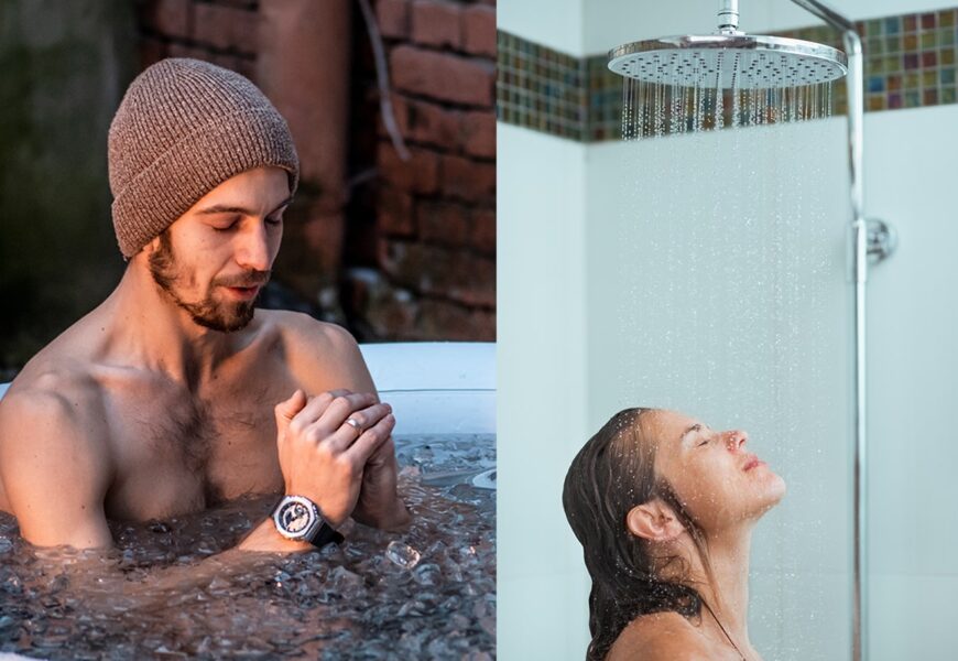 Hombre en pileta de gua con hielo y mujer en la ducha