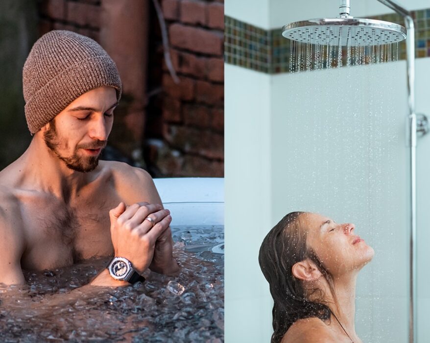 Hombre en pileta de gua con hielo y mujer en la ducha
