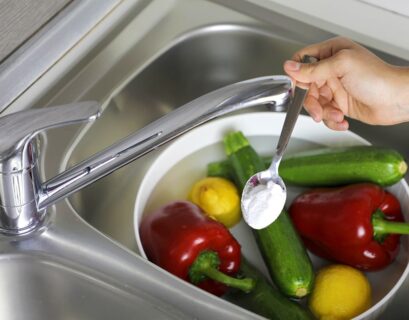 Frutas y verduras en pileta de cocina