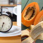 Reloj arriba de un plato y otra foto de una papaya abierta y una banana pelada