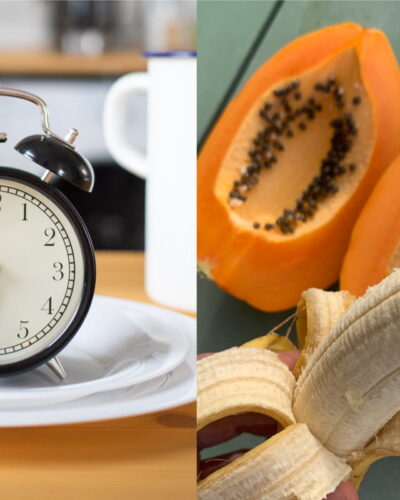 Reloj arriba de un plato y otra foto de una papaya abierta y una banana pelada
