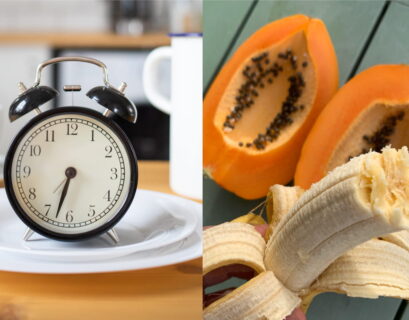 Reloj arriba de un plato y otra foto de una papaya abierta y una banana pelada