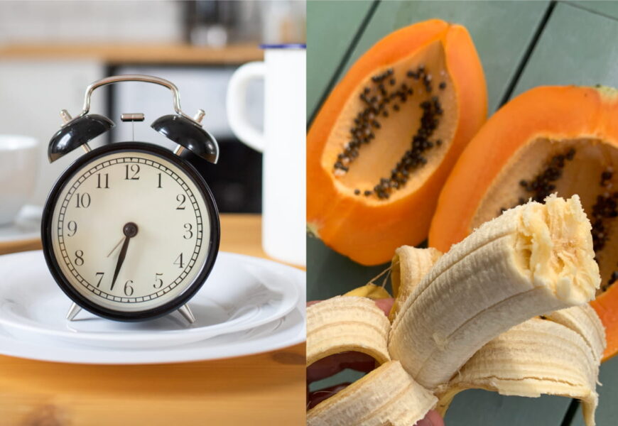 Reloj arriba de un plato y otra foto de una papaya abierta y una banana pelada