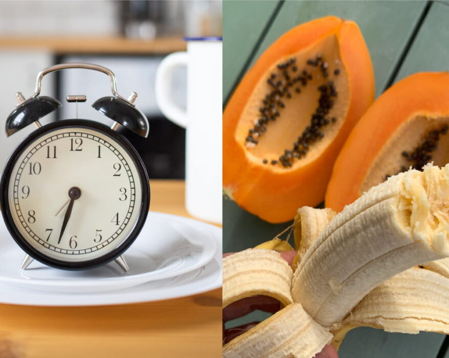 Reloj arriba de un plato y otra foto de una papaya abierta y una banana pelada
